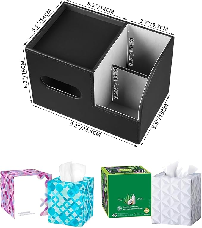 PU Leather Tissue Box Cover Square, Tissue Box Holder Organizer with Storage Tray and Remote Control Holder for Bathroom Countertop Night Stands Bedroom Office Desk,Napkin Caddy Decorative Black