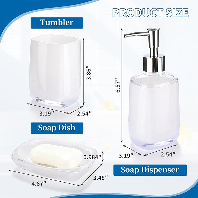 3 Pcs White Bathroom Accessories Set, Soap Dispenser, Soap Dish, Mouthwash Cup,Countertop Organizer Bathroom Sink Set,Boho Modern Bath Decor Gift for Home