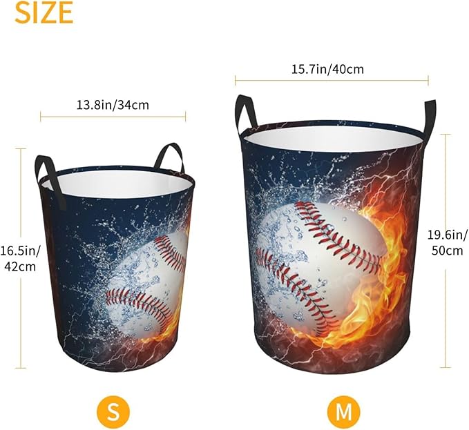 Sport Baseball Ball In Fire And Water Round Laundry Hamper Storage Basket Toys Clothes Organizer Bin For Home Bathroom Bedroom Dorm Nursery, 62l