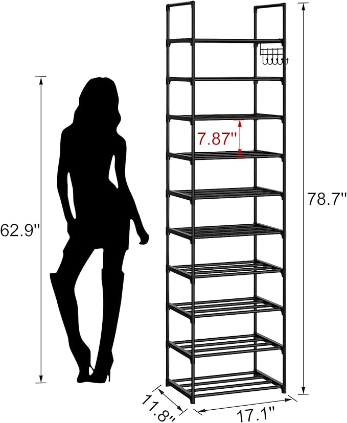 Narrow Shoe Rack 10 Tiers Tall Shoe Rack for Entryway 20 24 Pairs Shoe & Boots Organizer Storage Shelf Durable Black Metal Stackable Shoe Cabinet with Hooks, 17.1D x 11.8W x 78.7H in
