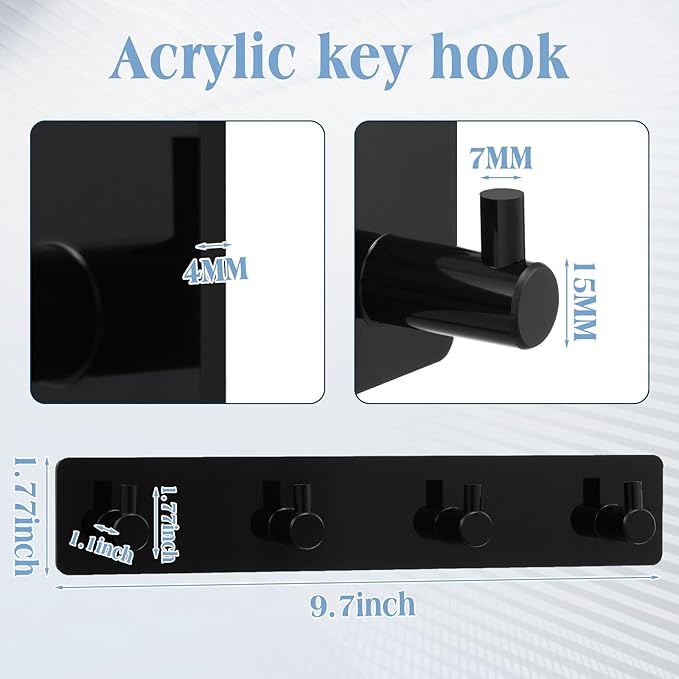 1 Pcs Adhesive Key Holder for Wall Acrylic Key Holder with 4 Hooks for Entryway, Door, Bathroom, Kitchen, Hang Keys, Hats, Dog Leashes, and Accessories(Black)