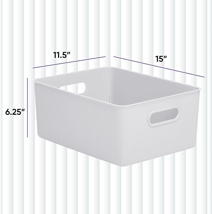 Superio Ribbed Collection - Decorative Plastic Basket Open Home Storage Bins Organizer, Large White Smoke (2 Pack) Container Boxes for Organizing Closet Storage Bins for Shelves 15 Liter/16 Quart
