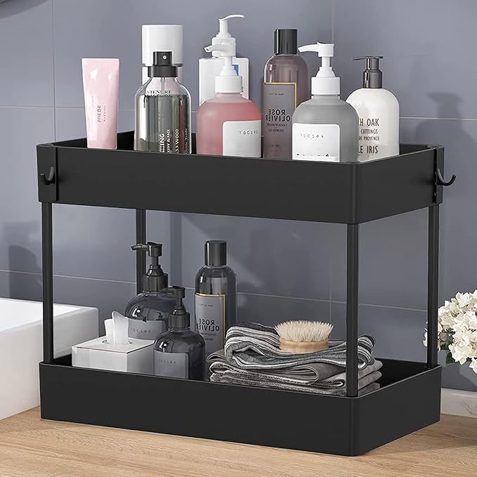Under Sink Organizer, Under Bathroom Sink Storage 2 Tier Organizer Bath Collection Baskets with Hooks, Under Sink Shelf Organizer Rack, Multi-purpose Under Sink Storage for Bathroom Kitch(Color:Black)