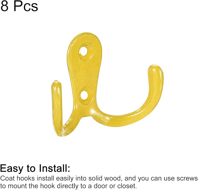 uxcell Wall Hooks, 8Pcs - Zinc Alloy Double Prong Retro Hook, Hooks for Hanging Towel Coat Backpack Clothes Scarf Keys Hat Cup (Yellow)