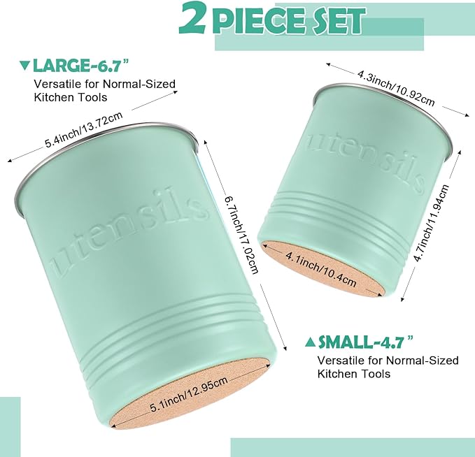 2 Pack Kitchen Utensil Holder for Counter 6.7"+4.7" Farmhouse Cooking Utensil Crock with Cork Bottom Modern Farmhouse Decors Countertop Storage Organizer Caddy Housewarming Gift(Sage Green)