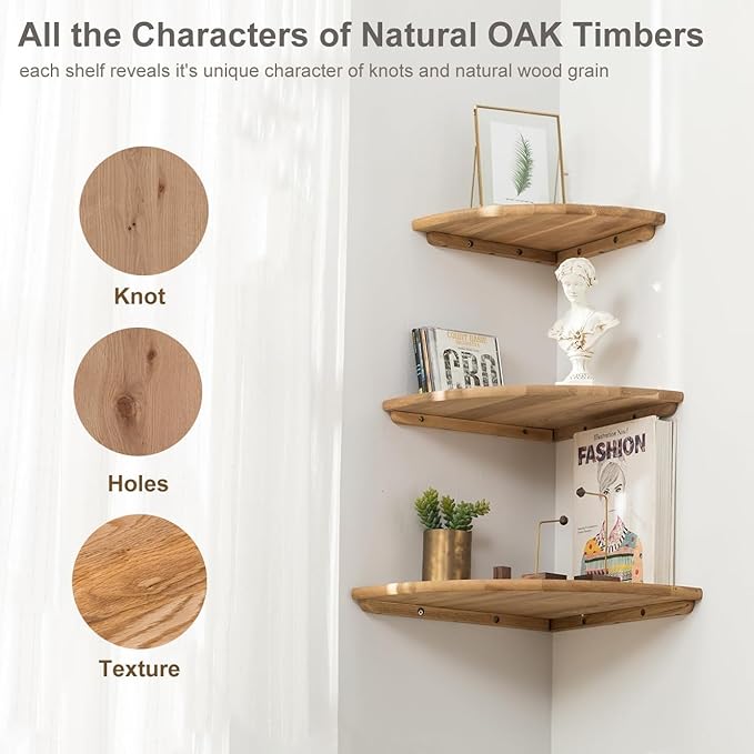Corner Shelf, Solid Oak Wood Floating Corner Shelf Wall Mount Round End Floating Speaker with Wire Hole for Small Plant Photo for Bedroom Kitchen, Living Room