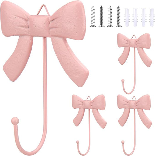 Geelin 4 Pcs Coquette Pink Bow Wall Hook Metal Decorative Bow Knot Door Hanger Rustic Coat Rack Towel Hook for Coat Hat Towel Multi-Purpose Bathroom Kitchen Living Room Home Decor
