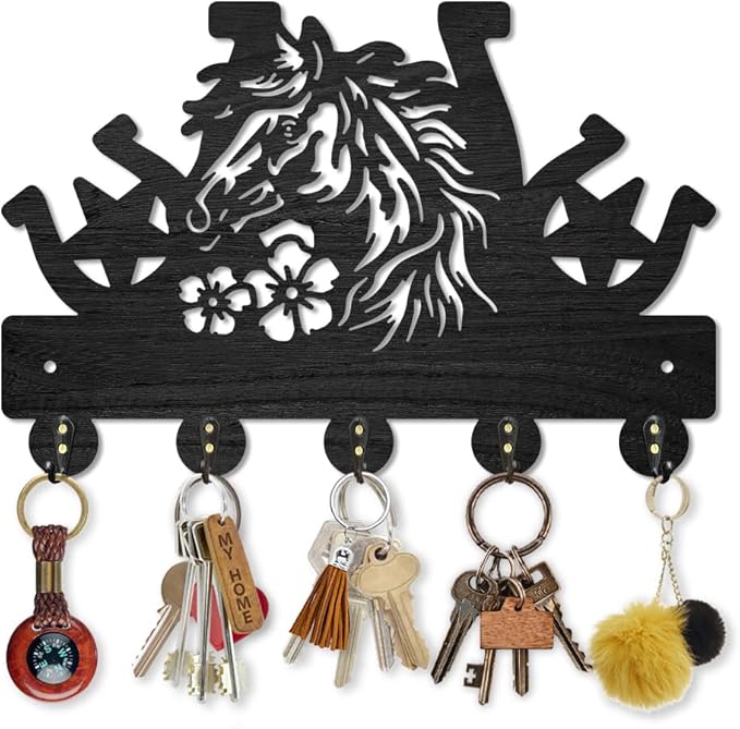MAYJOYDIY Horse Horseshoe Coat Rack Wall Mount Farmhouse Western Wood Key Hooks for Wall 11.8×7.9inch Black Key Holder Hanger Rustic Style Wall Art Decor 5 Alloy Hooks for Gift Farm Hallway Entryway