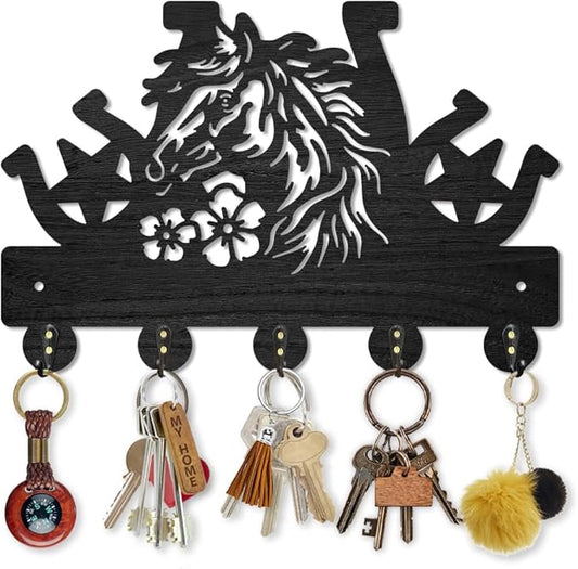 MAYJOYDIY Horse Horseshoe Coat Rack Wall Mount Farmhouse Western Wood Key Hooks for Wall 11.8×7.9inch Black Key Holder Hanger Rustic Style Wall Art Decor 5 Alloy Hooks for Gift Farm Hallway Entryway