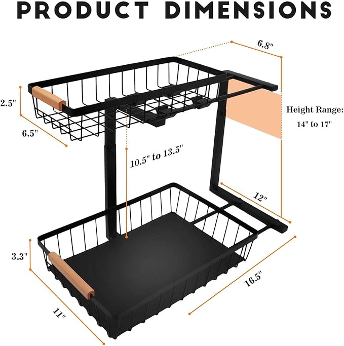 2 Pack Under Sink Organizer Cabinet for Kitchen Bathroom, 2 Tier Metal Slide Out Under Sink Drawers, Adjustable Height, Under Sink Pull Out Organizers and Storage, Black, 13.7" H-17 H