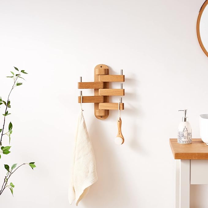 Swivel Coat Rack Oak Coat Hooks, Wood Wall Hooks with 5 Swivel Foldable Arms, 12'' Length Wall Coat Rack Hat Hooks for Bathroom Entryway Bedroom Office Kitchen, Heavy Duty (Natural)