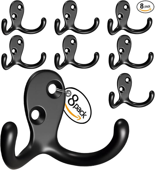 Coat Hooks Wall Mount Heavy-Duty - 8-Pack Double Prong Metal Wall Hook for Living Room, Bedroom, Bathroom, Kitchen, Closet, for Coat, Bag, Scarf, Towel, Hat, Key, Easy Installation (Black)