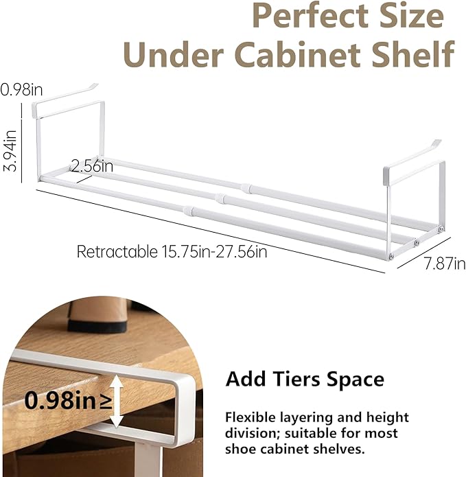 Expandable Hanging Shoe Rack Organizer for Closet, Adjustable Shoe Rack Under Cabinet Shelf, Versatile Under Shelf Storage for Kitchen, Book, Clothing Storage and Organization(White,4PCS)