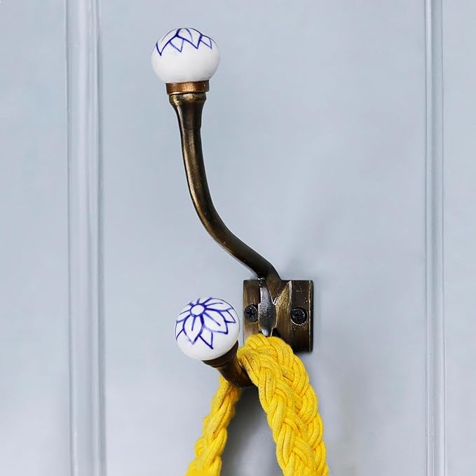 Indian Shelf Pack of 12 Heavy Duty Decorative Double Hooks for Hanging Blue White Unique Coat Hooks Vintage Coat Rack Wall Mount Double Prong Wall Hooks Towel Holder Backpack Purse Hanger- Style 17
