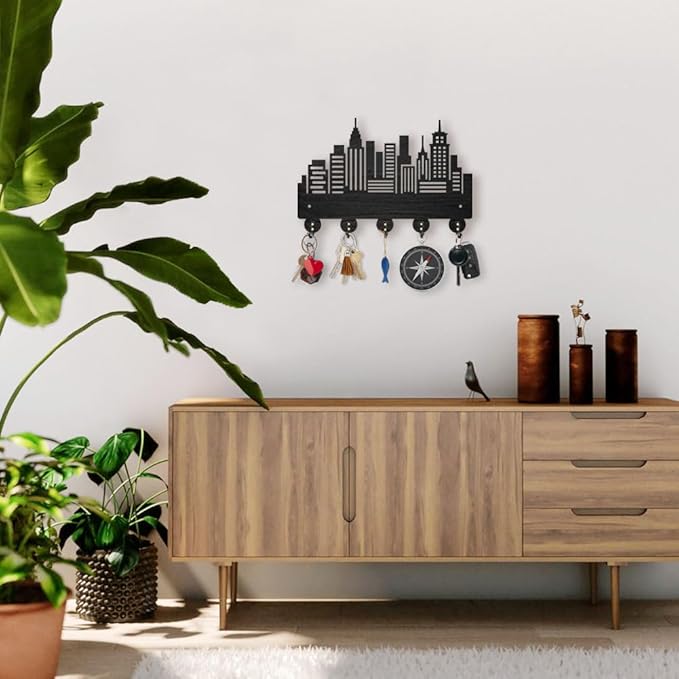 MAYJOYDIY Wood City Skyscraper Coat Rack Wall Mount 11.8×7.9inch Modern City Building Key Holder for Wall 5 Alloy Hooks Wall Art Decor Black Hook Rack for Office Entryway Living Room Gift