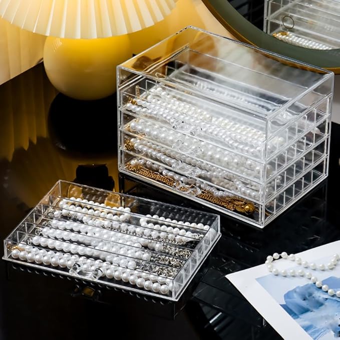 Necklace Box Necklace Holder Organizer, Acrylic Necklace Organizer Box Clear Necklace Display Jewelry Tray with Transparent Lid Jewelry Display Box for Necklace (Clear White, 5 Drawer 30 Girds)