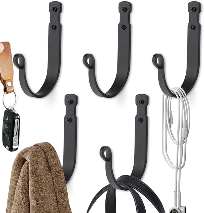 Wrought Iron Wall Mounted Hooks Heavy Duty Garage Storage Organizer Decorative Hanger for Home Garage Bathroom Kitchen Door Office Hanging Coat, Keys, Towel, Tools, Bags, Hat (Black)