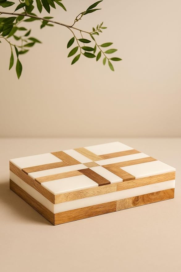 Decorative Storage Box, Handmade Chevron Pattern, Boho Style, Multipurpose Gift Box (white and mango, 12X4X2.5 Inch)