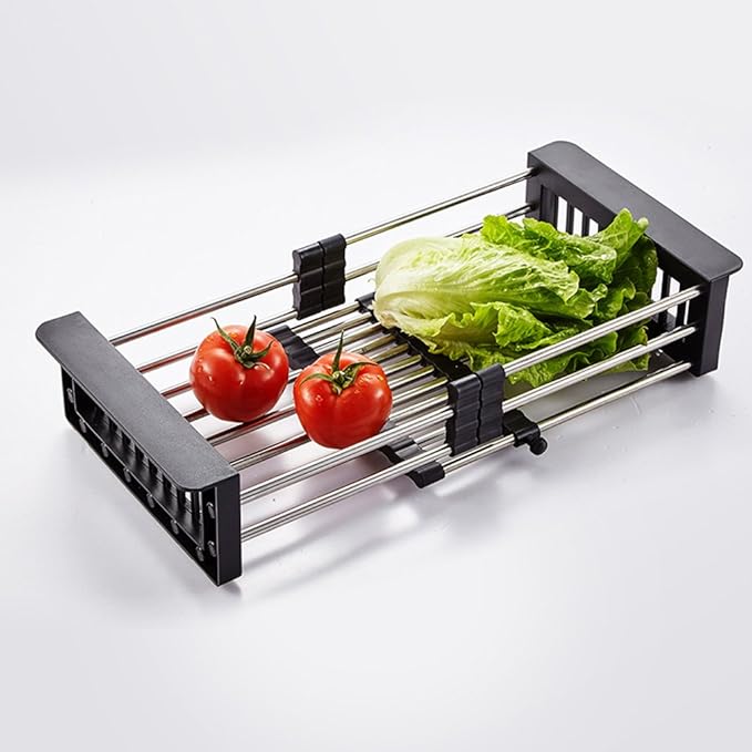 TUTEW Dish Drying Rack, Over The Sink Dish Drying Rack, Stainless Steel Drainer with Adjustable Arms Holder Functional Kitchen Sink Organizer for Vegetable and Fruit, Black