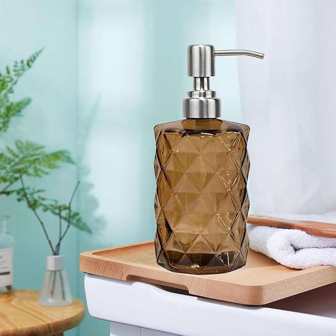 12Oz Brown Soap Dispenser Bathroom - 2 Pack, Clear Glass Hand Soap Dispensers with Stainless Steel Pump, Refillable Dish Soap Dispenser for Kitchen, Countertop Soap Dispensers