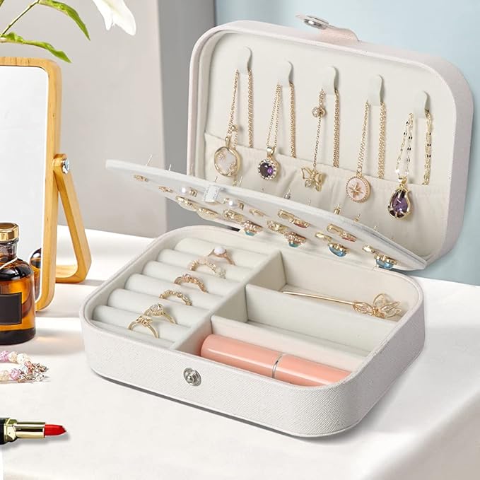 Travel Jewelry Box, Small Jewelry Organizer Boxes for Women Girls, 2 Layer Travel Jewlery Case, PU Leather Mini Portable Jewerly Storage Display Holder for Earrings, Ring, Necklaces, Bracelets - White