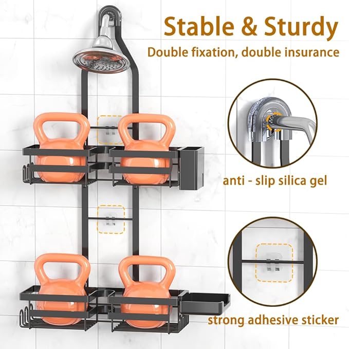 Shower Caddy Hanging for Handheld Showerheads, Rustproof Black Shower Organizer with Hooks, Soap Holder & Toothbrush Holder, No Drilling Shower Storage Rack for Bathroom