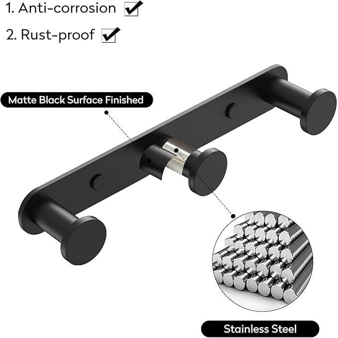 Big Big Home Black Towel Hook, Bathroom Robe Rack with 3 Hooks Matte Towel Hanger Coat Rack Wall Mount