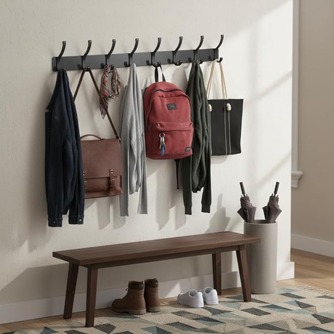Coat Rack Wall Mount, 2 Pack Coat Hooks Hanger Wall Double Hook Rack Rail Towel Hat Rack Entryway Bathroom Hanger Organizer for Robes, Clothes, Bags, Hat(Black)