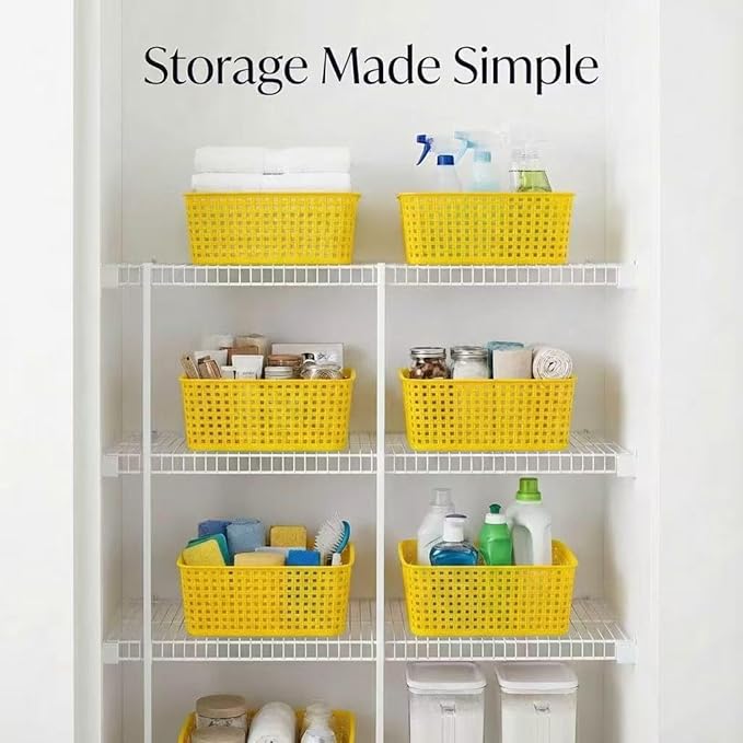 Yellow Plastic Organizer Baskets, 12-Pack Stackable Pantry Storage Baskets, Small Baskets for Shelves, Bathrooms, Kitchens, Laundry Room, Classrooms, Cabinets and Bedrooms