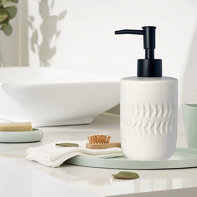 White Soap Dispenser with Matte Black Pump for Bathroom,Cylindrical Lotion Dispenser,12oz Ceramic Relief Hand Dish Soap Dispenser,Refillable Liquid Dispenser for Kitchen (Relief White)