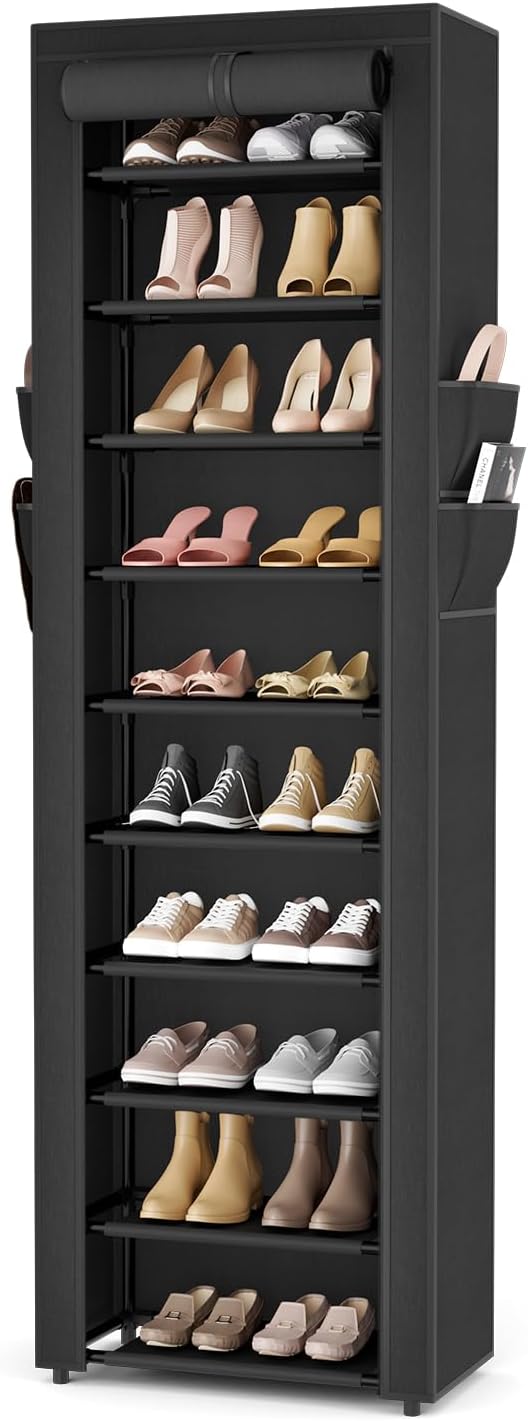 VTRIN Vertical Narrow Shoe Rack Organizer 10 Tier Tall Shoe Shelf Holds 20-22 Pairs with Non-Woven Dustproof Cover for Closet, Entryway Black