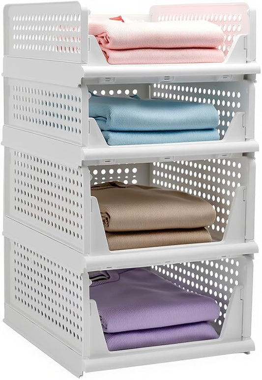 Stackable Foldable Storage Baskets, Folding Storage Bins, Closet Organizers and Plastic Drawer Shelf Storage Container for Wardrobe, Cupboard, Kitchen, Bathroom, Office (White, 2L2S)