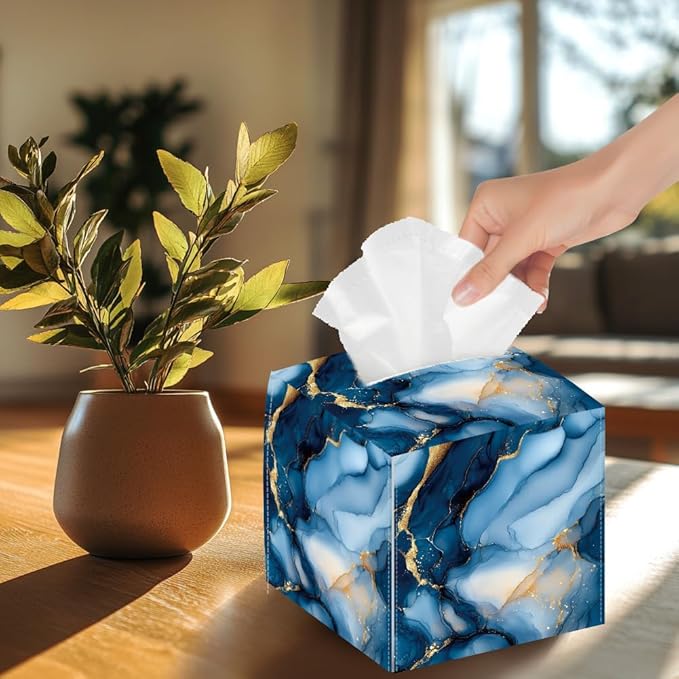 Blue Marble Tissue Box Holder, Square Tissue Box Cover Foldable Tissue Storage Box Waterproof Paper Towel Case Container Organizer Tissue Box Holder for Bedroom Office Car