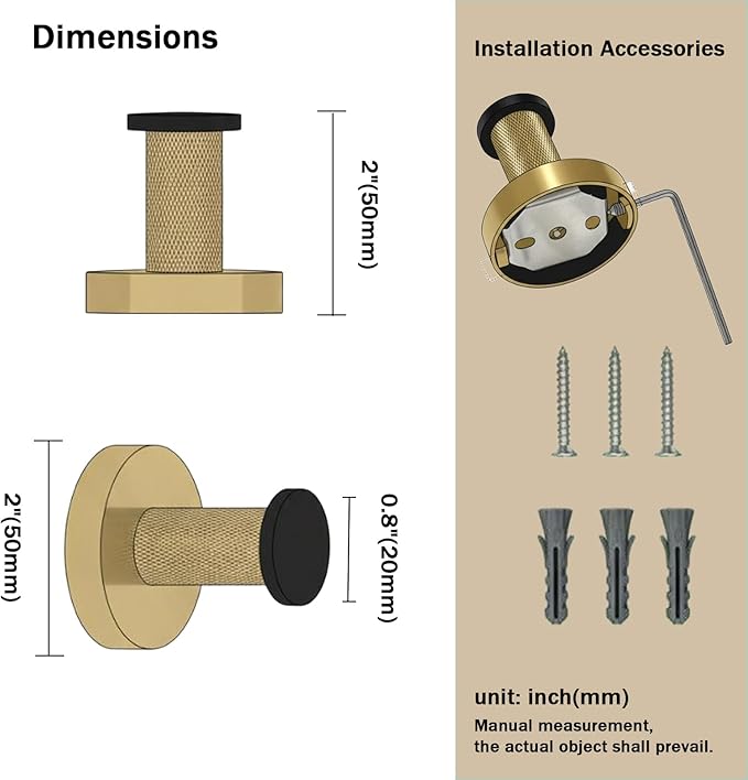 Single Towel Hook, Wall Mount Robe Hook in Stainless Steel with Solid Brass Knurled Accents, Heavy Duty Coat Hook for Bathroom, Kitchen, Entryway（3-Pack, Black and Gold）