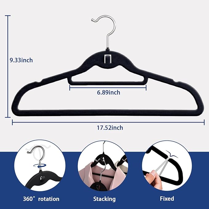 Black Velvet Hangers,Non Slip Felt Hanger，Stackable Space Saving Hangers with 360° Rotating Silver Hook,Closet Organizers and Storage Suit Clothes,Pants,Shirt,Tie,Tank Top