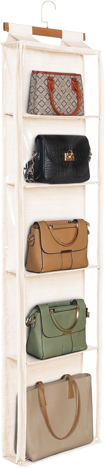 Syeeiex Hanging Handbag Purse Organizer with Zippers, 5 Mesh Shelves,Clear Slubbed Fabric+PVC Hanging Closet Bag Organizer, Dustproof Handbag Closet Tote Storage Bag for Door, Wardrobe, Beige