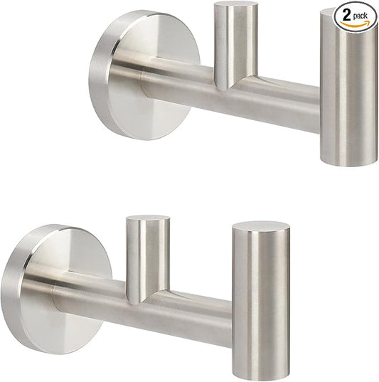 NearMoon Bathroom Double Towel Hook- SUS304 Stainless Steel Robe Towel Holder, Heavy Duty Double Coat Hook for Bathroom Livingroom Kitchen Wall Mounted (Brushed Nickel-F, 2 Pack)