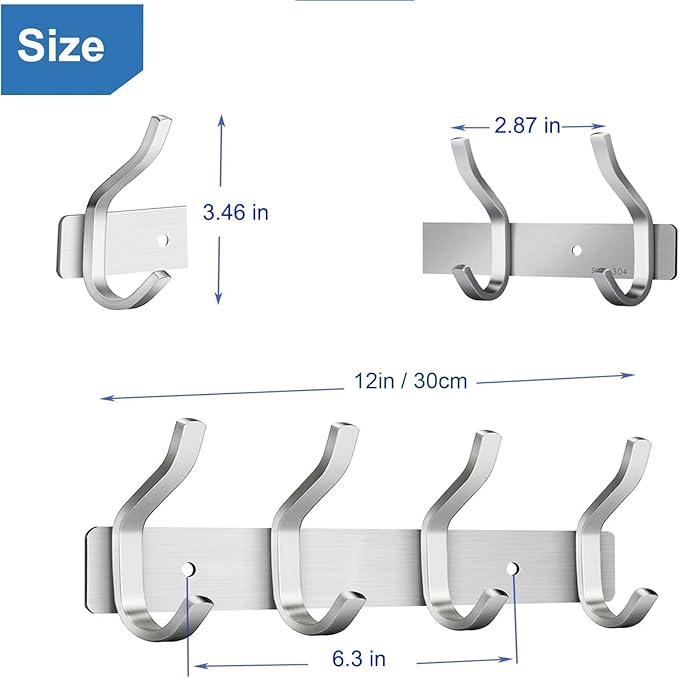 12 Inch Coat Rack Wall Mount 2 Packs, Wall Hooks with 4 Hooks, Silver Wall Hooks Hangers for Entryway, Bathroom - for Hanging Backpack, Bag, Coat, Purse, Hat, Towel, Clothes