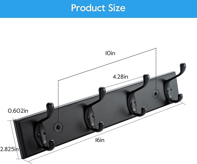 HOME MASTER HARDWARE Coat Rack Wall Mount Black, MDF Wall Mounted Coat Hooks for Hanging Coats, 16" Hat Rack for Wall with 4 Hooks