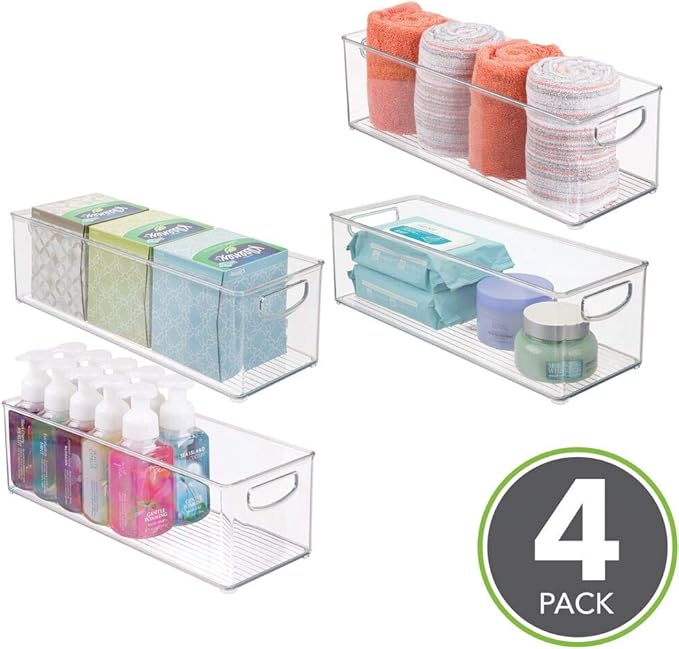 mDesign Plastic Bathroom Storage Container Bins w/ Handles - Closet, Cabinet, Vanity, Cupboard Shelf Organization, Hair Tools Accessory Organizer - Ligne Collection; Clear, 16x6x5 (Pack of 4)