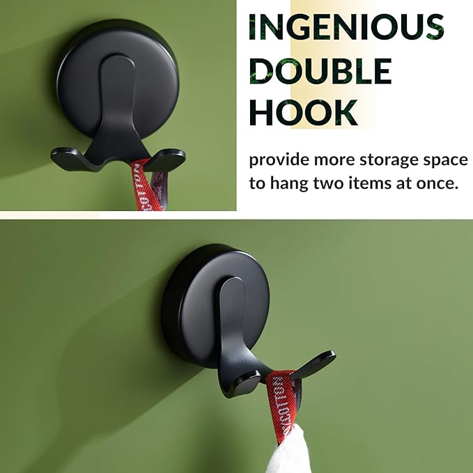 APLusee Matte Black Double Towel Hook, Stainless Steel Bathrobe Hook for Bathroom, Heavy Duty Storage Towel Hanger, Wall Mounted