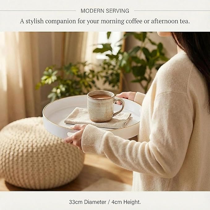 Zosenley Decorative Tray, Round Plastic Tray with Handles, Modern Vanity Tray and Serving Tray for Ottoman, Coffee Table, Kitchen and Bathroom, Size 13â (White)