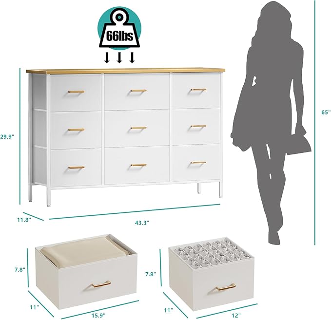 Wide TV Stand Modern TV Console, 9 Drawers Dresser for Bedroom, Fabric Storage Cabinet, Chest of Drawers for Closet, Nursery, Living Room（Classic White）
