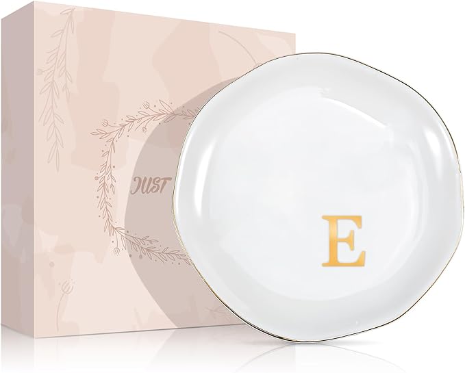 ProCase Ceramic Jewelry Tray, Initial Ring Dish Trinket Plate Engagement Gift, Small Personalized Monogram Ring Bowl for Wedding, White Decorative Jewelry Holder for Women Vanity -Letter E