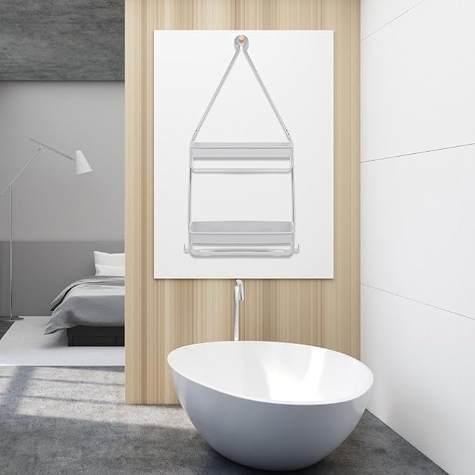 HEALLILY Shower Head Hanging Storage Basket Gray Double Layer Bathroom Caddy Toiletries Holder Portable Sundries Organizer for Bathroom Storage