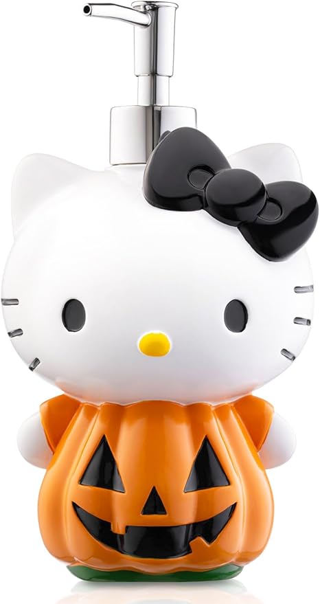 Hello Kitty Pumpkin Jack - O- Lantern Soap Dispenser - Autumn & Halloween Bathroom Decor and Storage - Orange Resin Lotion Pump