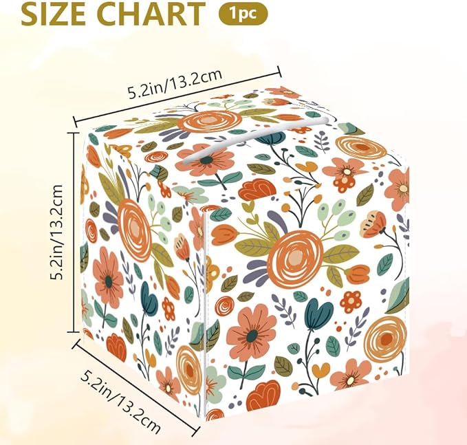 Flowers Leaves Tissue Box Holder, Square Tissue Box Cover Foldable Tissue Storage Box Waterproof Tissue Box Holder for Bedroom Office Bathroom Car Nightstand Home Decor