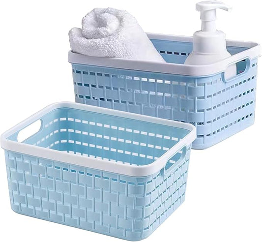 Plastic Storage Bin Baskets, Toilet Paper Basket for Bathroom, Plastic Organizer Shower Caddy with Handles for Living Room (Small Blue 2 pack)