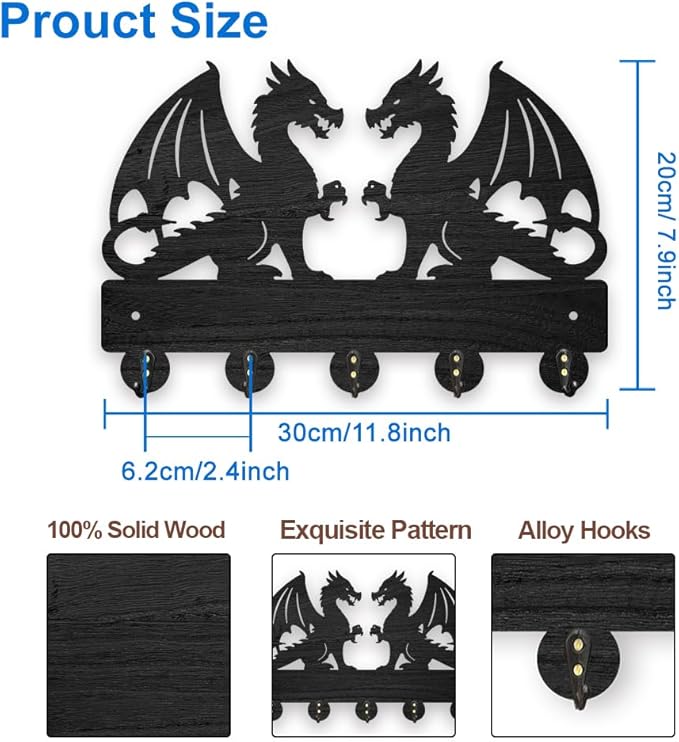 MAYJOYDIY Dragon Coat Rack Wall Mount Wood Double Dragon Animal Key Holder for Wall 11.8×7.9inch Decorative Wall Hooks 5 Alloy Hooks Black Wall Hanger for Gifts Entryway Hallway Room Decor
