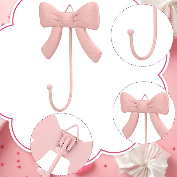 Geelin 4 Pcs Coquette Pink Bow Wall Hook Metal Decorative Bow Knot Door Hanger Rustic Coat Rack Towel Hook for Coat Hat Towel Multi-Purpose Bathroom Kitchen Living Room Home Decor
